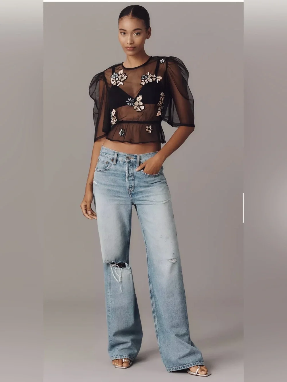 Anthropologie Embellished Sheer Mesh Top XXS
